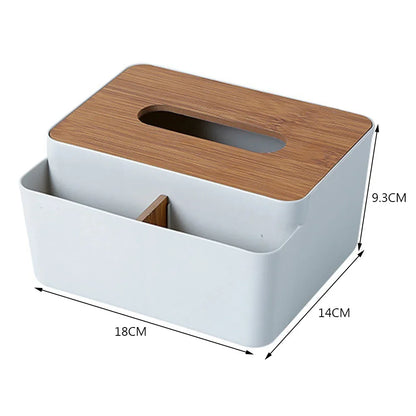 Wooden Tabletop Tissue Box & Storage Organizer – Desktop Holder for Tissue, Remote & Towels