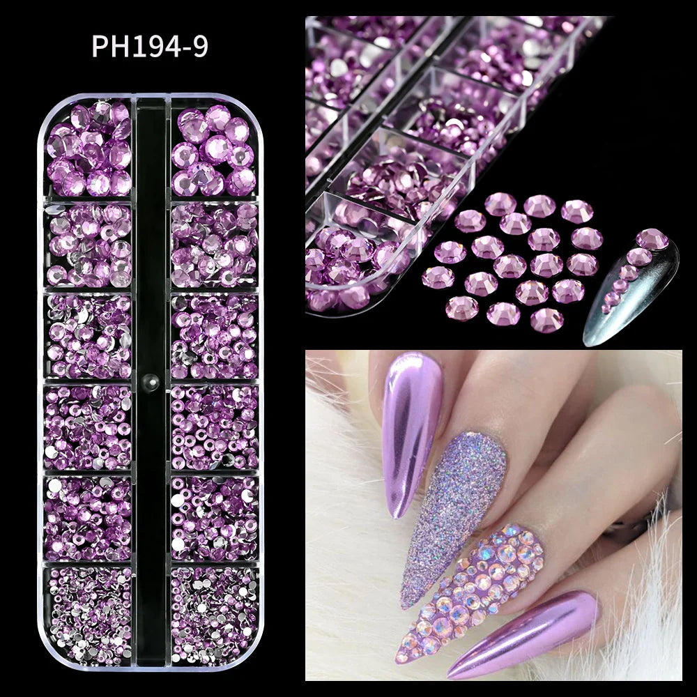 12-Grid 3D Glass AB Crystal Nail Art Rhinestones Kit – Flatback Round Beads with Tools for Nail Jewelry & Diamond Decoration