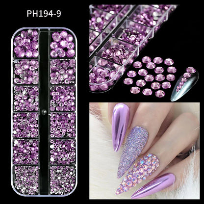 12-Grid 3D Glass AB Crystal Nail Art Rhinestones Kit – Flatback Round Beads with Tools for Nail Jewelry & Diamond Decoration