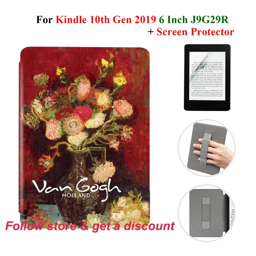 Kindle 10th Gen 6" Leather Case – Hand Strap & Screen Protector Cover with Wake/Sleep Function (2019, J9G29R)