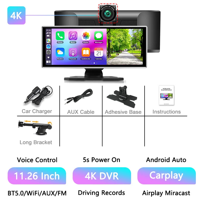 11.26" 4K Car DVR Dash Cam — Wireless CarPlay & Android Auto, Dual Lens Video Recorder with AI Screen, GPS Navigation, HD Dashboard Monitor