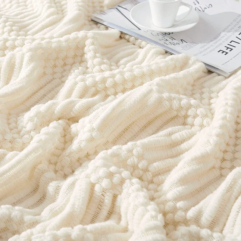 White Boho Throw Blanket – Textured Chunky Knitted Vintage Luxury Bedspread, Sofa Cover Manta Para Sofá