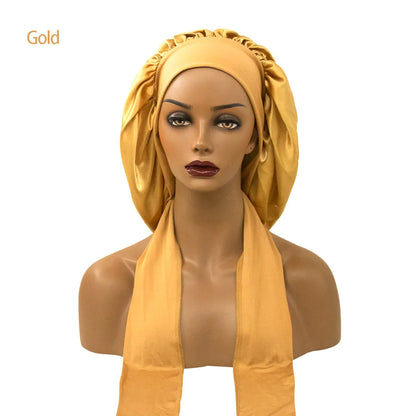 Satin Nightcap for Women - Wide Stretch, Extra-Large Long Tail, Shower Cap with Ribbon, Round Hat Hair Bonnet