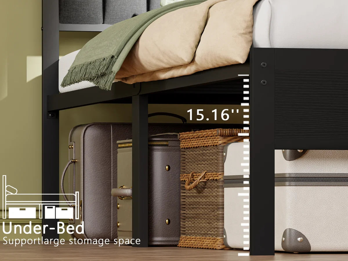 Full/Queen LED Bed Frame – Platform Bed with Soft Cushioned Headboard and Built-In Charging Station