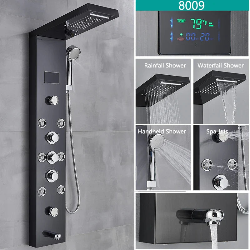 LED Light Bathroom Shower Faucet Set - Rainfall Shower Panel System with Temperature Display, Water Mixer Tap, and SPA Massage Feature