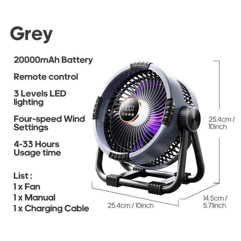 KINSCOTER 6-in-1 Portable Camping Fan — 20000mAh Rechargeable Outdoor Fan with 4 Speeds, Hook & LED Light