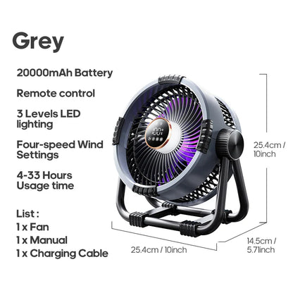 KINSCOTER 6-in-1 Portable Camping Fan — 20000mAh Rechargeable Outdoor Fan with 4 Speeds, Hook & LED Light