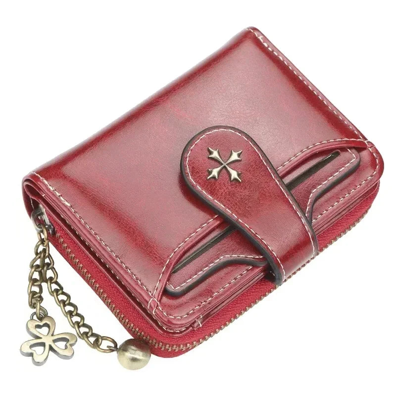 Women’s PU Leather Wallet — Short Hasp Coin & Card Holder, Small Money Bag Clutch in Blue & Red