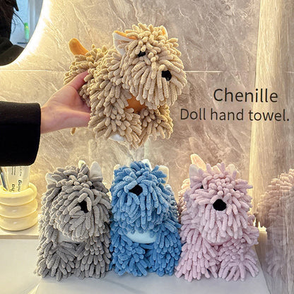 Cute Cartoon Dog Chenille Hanging Hand Towel – Soft, Absorbent Bathroom & Kitchen Drying Puff