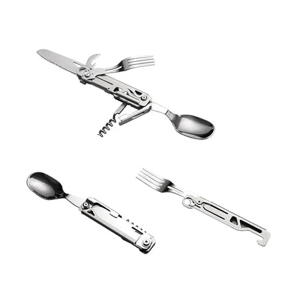 Multifunctional Portable Stainless Steel Tableware - All-in-One Knife Card Tool with Rope and Saw for Outdoor Camping Survival