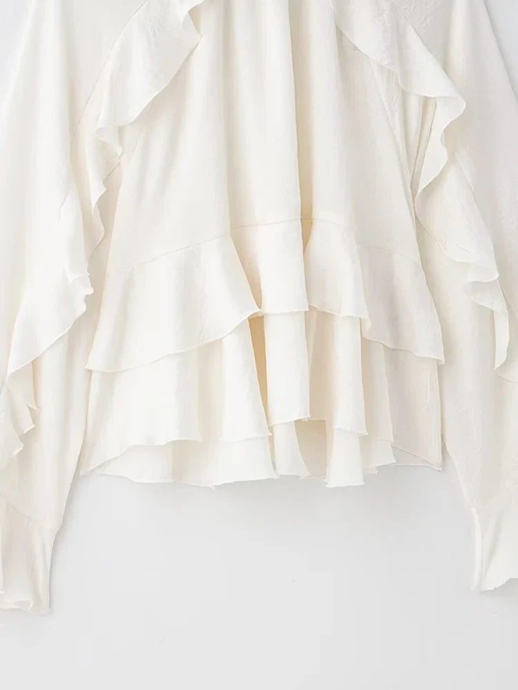 Women’s Long Sleeve Ruffled Blouse – Stand Collar Elegant Chic Fashion Shirt
