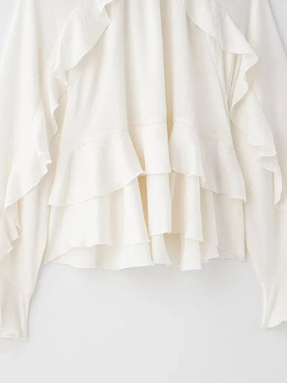 Women’s Long Sleeve Ruffled Blouse – Stand Collar Elegant Chic Fashion Shirt
