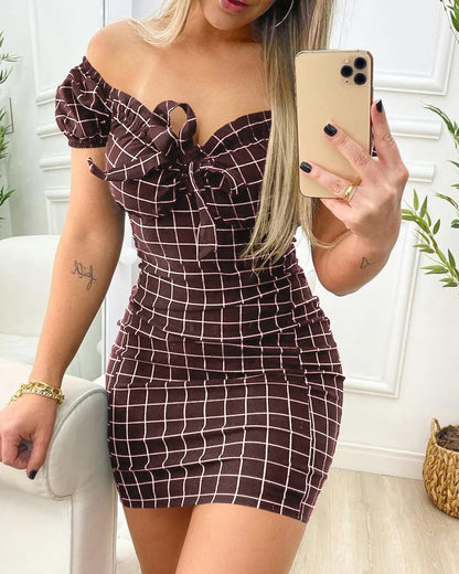 Summer Sexy Package Buttocks Dress - Cross-Border Grid Print Short Skirt
