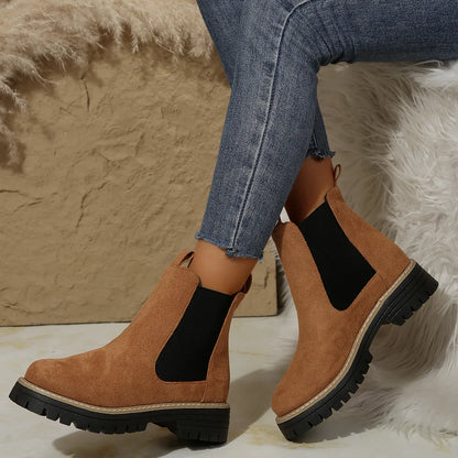 Women’s Winter 2025 Black Suede Ankle Boots – Platform Chelsea Casual Motorcycle Short Boots