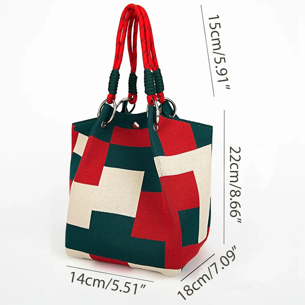 Women’s Color Block Knit Tote Bag – Bucket Style Storage Bag with Adjustable Straps, Metal Rings, Snap Closure for Casual Travel