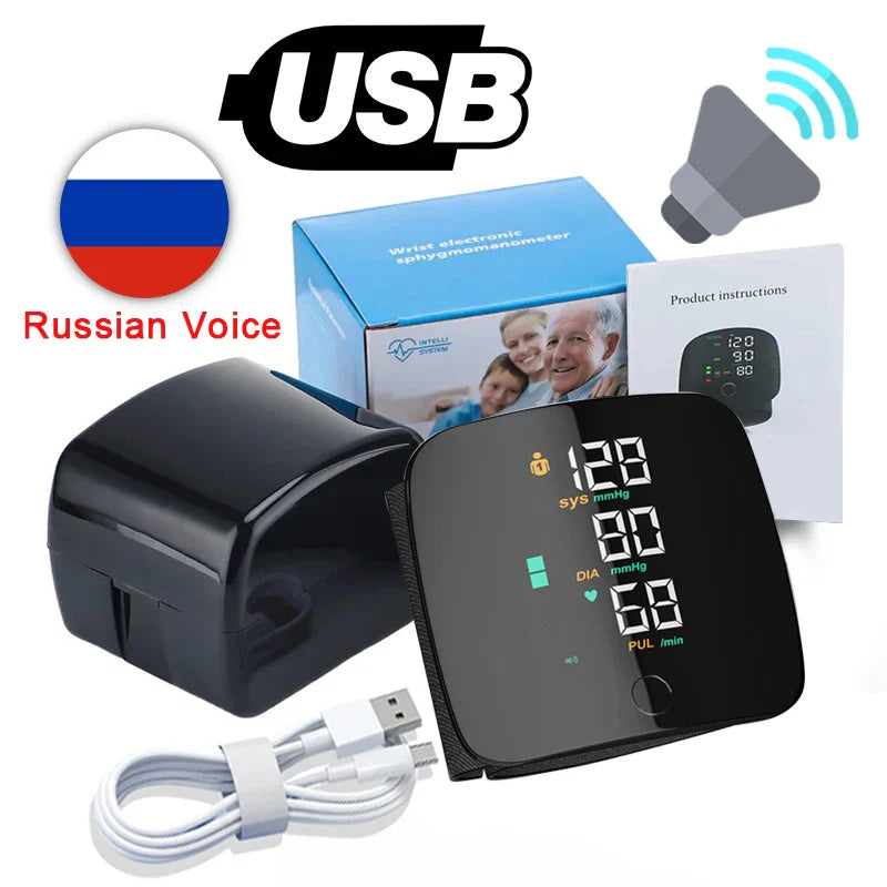 LED Rechargeable Wrist Blood Pressure Monitor – English, Russian, Portuguese, Spanish Voice Broadcast Tonometer