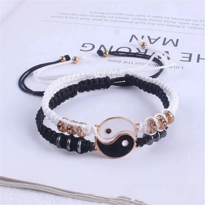 Couple Tai Chi Bracelet Set – Black & White Adjustable Rope Chain Jewelry for Daily Wear, Simple Style