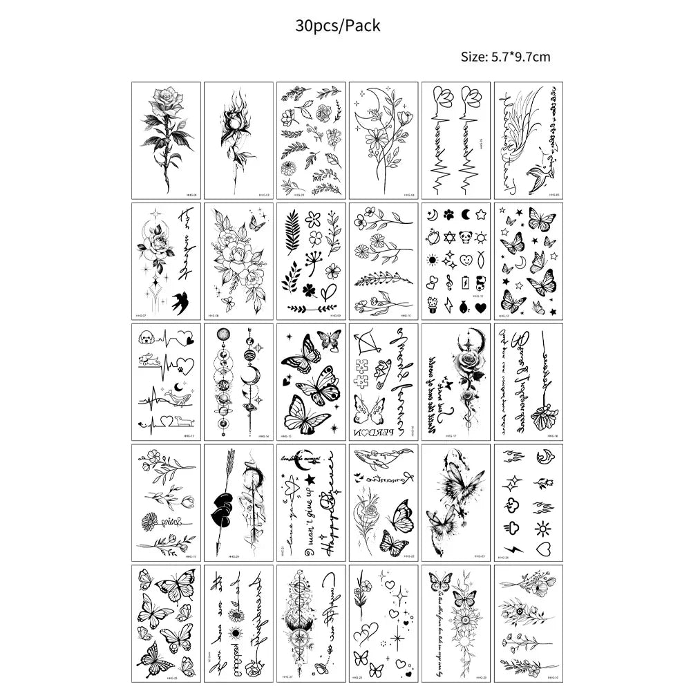 30pcs Black Temporary Tattoo Stickers - Flower Butterfly Rose Moon Star Mandala Designs for Hand, Chest & Body Art