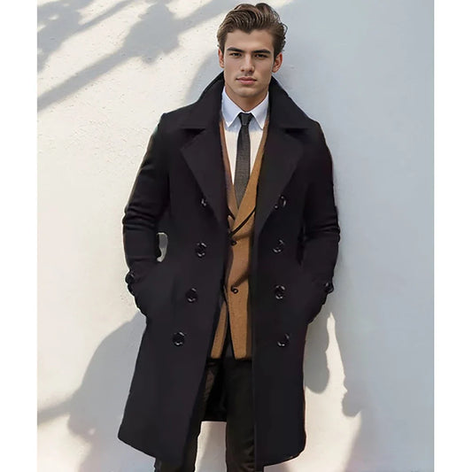 Men's Autumn & Winter Double-Breasted Casual Top Coat – Fashionable Mid-Length Coat for Men
