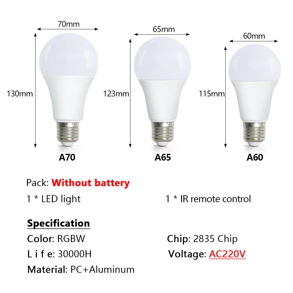 16-Color RGB LED Bulb E27 – Dimmable Multicolor 220V Household Lighting with 24-Key Remote & Neon Atmosphere Light