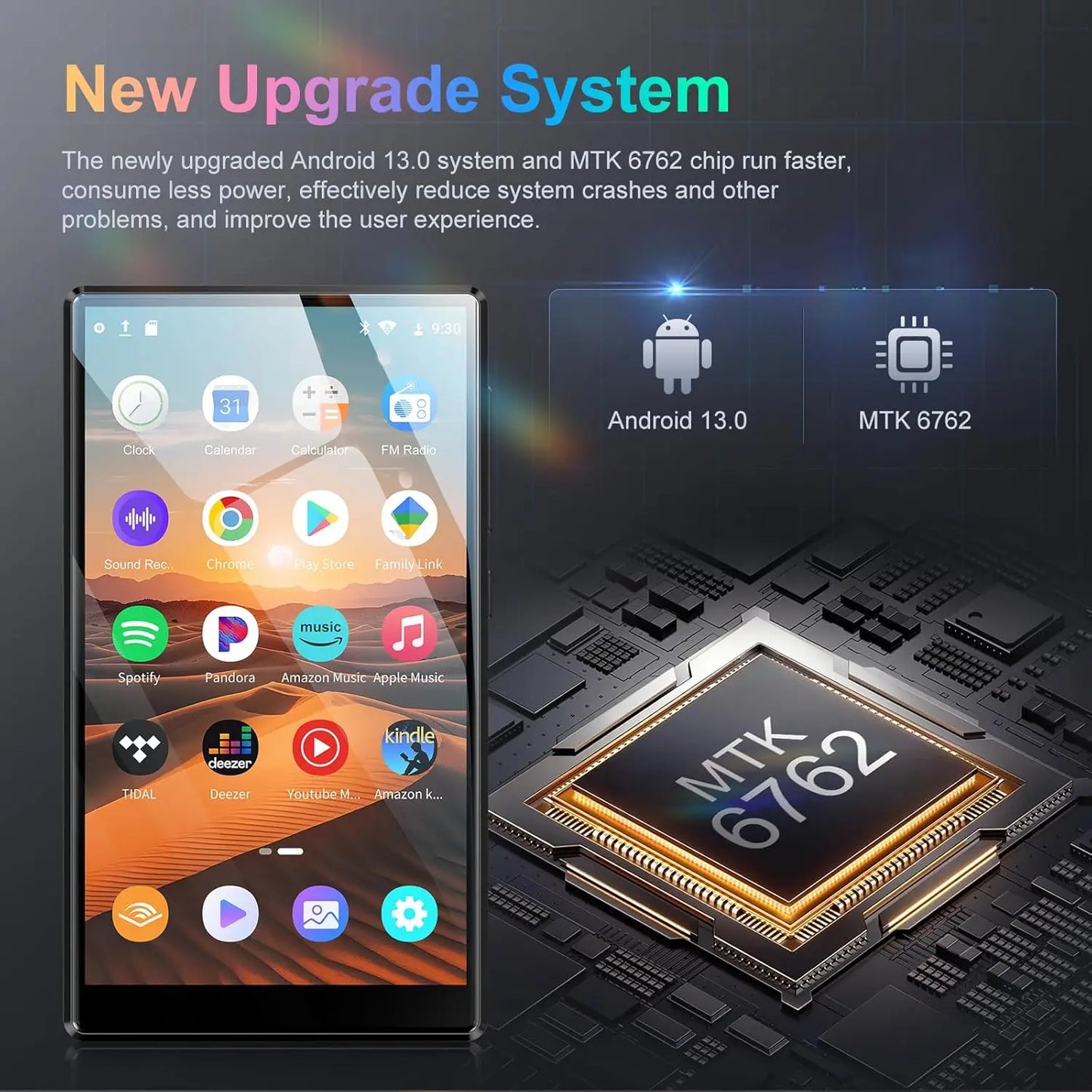 1080P Android 13 MP3/MP4 Player — 4.7" Display, 96GB (64+32GB), Bluetooth & WiFi, Expandable up to 1TB