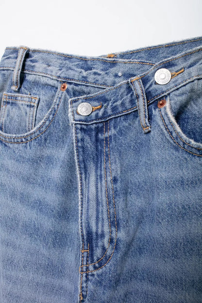 TRAF Women’s Basic Hundred Jeans — High Waist Asymmetric Wide-Leg Trousers, Casual Straight-Leg Fashion Jeans