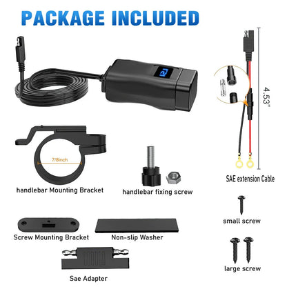 PD QC3.0 Motorcycle USB Fast Charger — 60W Dual USB Handlebar Socket with Switch & Voltmeter, Waterproof 12V Power Adapter