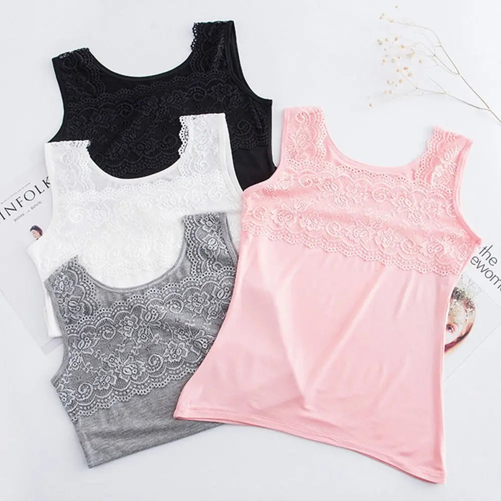 Women's Lace Trim Tank Top - Sleeveless Slim-Fit U-Neck Summer Cami Shirt