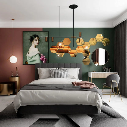 6/12pcs 3D Hexagon Rose Gold Mirror Wall Stickers – DIY Living Room, Bedroom, Bathroom Wall Decor