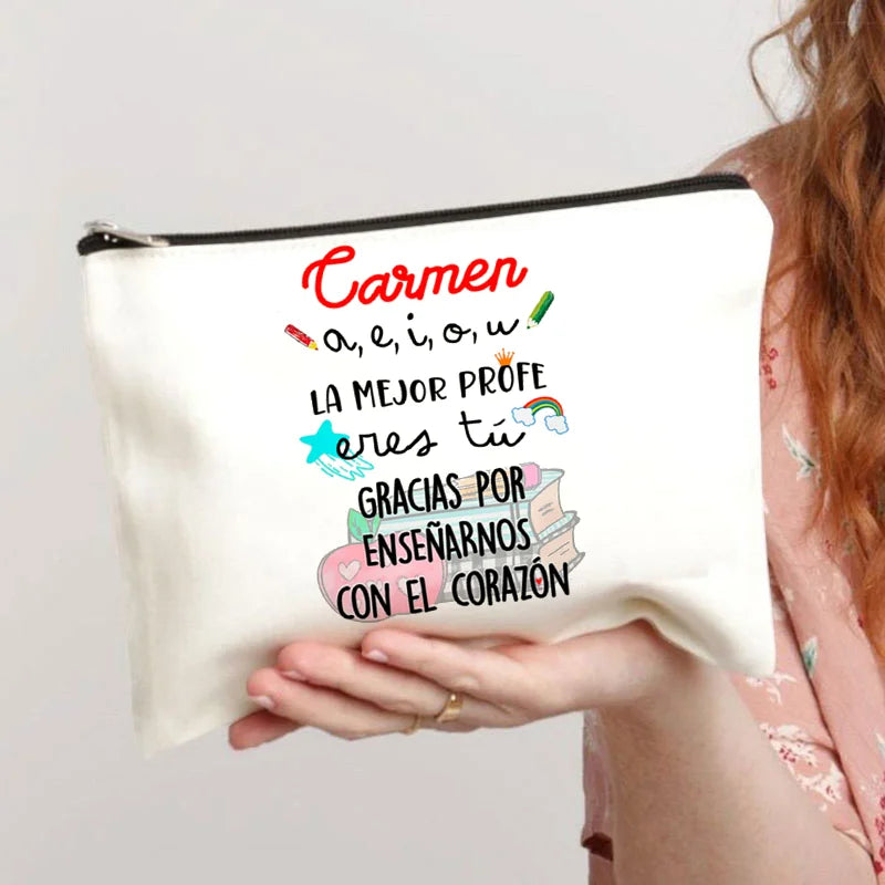 Spanish Printed Teacher Life Makeup Pouch - Pencil Case, School Stationery Storage Bag, Travel Organizer and Gift