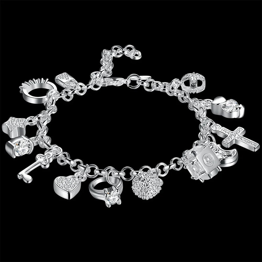Fashion 925 Sterling Silver Bracelet for Women — Pretty Heart Zircon Pendant Chain, 20CM/8inch, Classic Wedding & Party Jewelry Gift