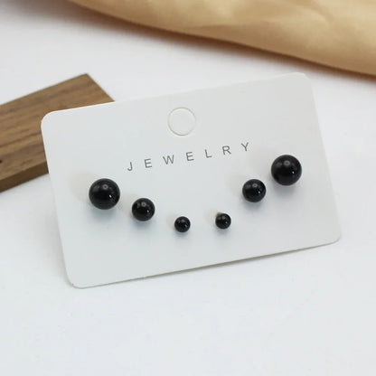 Black Round Imitation Pearl Stud Earrings Set – 3 Pairs (4mm 6mm 8mm) Simple Elegant Ball Earrings for Women Fashion Jewelry Gift