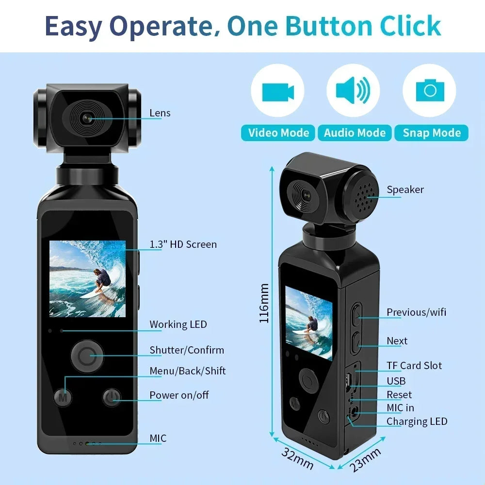 4K Ultra HD Pocket Action Camera — 270° Rotatable Vlog Sports Cam with WiFi, Waterproof Case & Helmet Mount