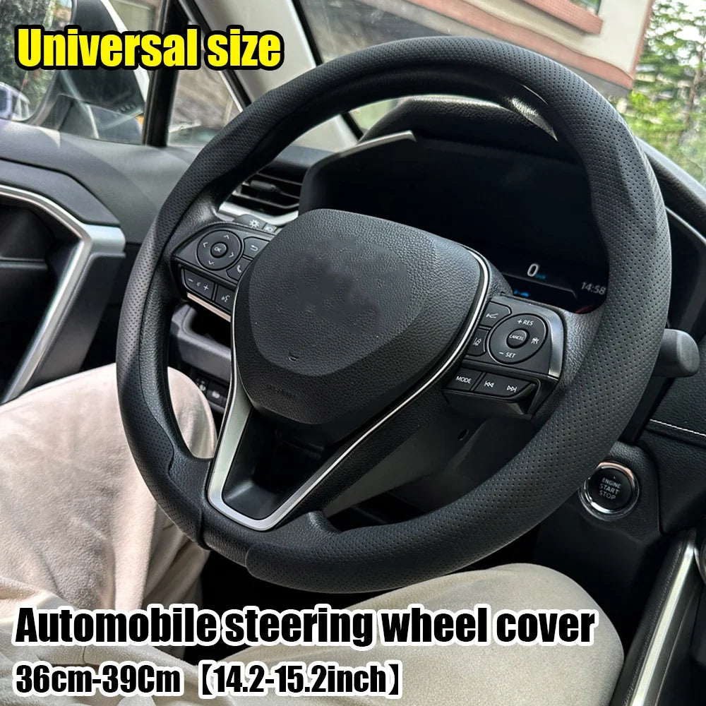 Universal Leather Steering Wheel Cover - Non-Slip Breathable Protector for 36-38cm Car Steering Wheels