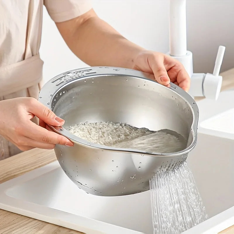 Stainless Steel Rice Washer Strainer Bowl – Multi-Purpose Rice, Fruit & Vegetable Sieve for Kitchen Use