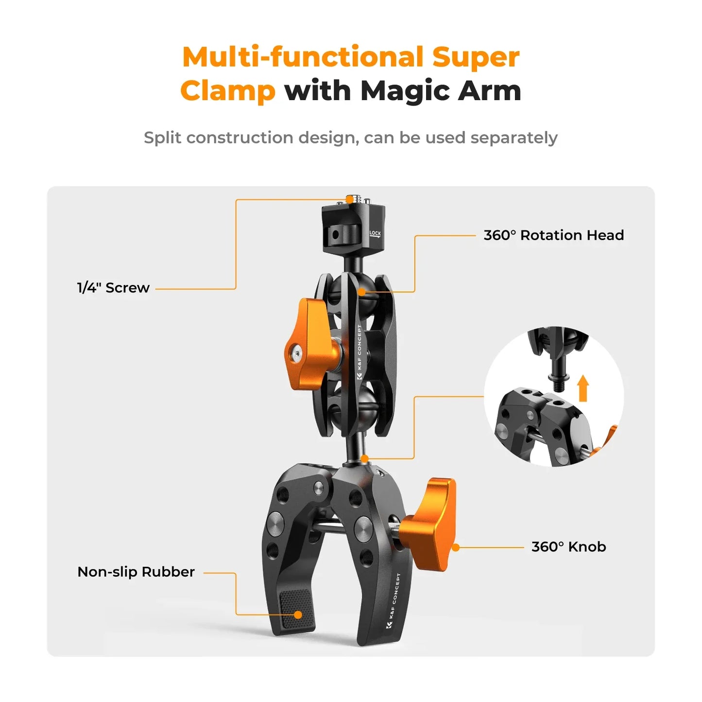K&F Concept Multi-Functional Super Clamp with Double 360° Ball Head Magic Arm for GoPro, Insta360, DJI Osmo Action Camera, and Phone