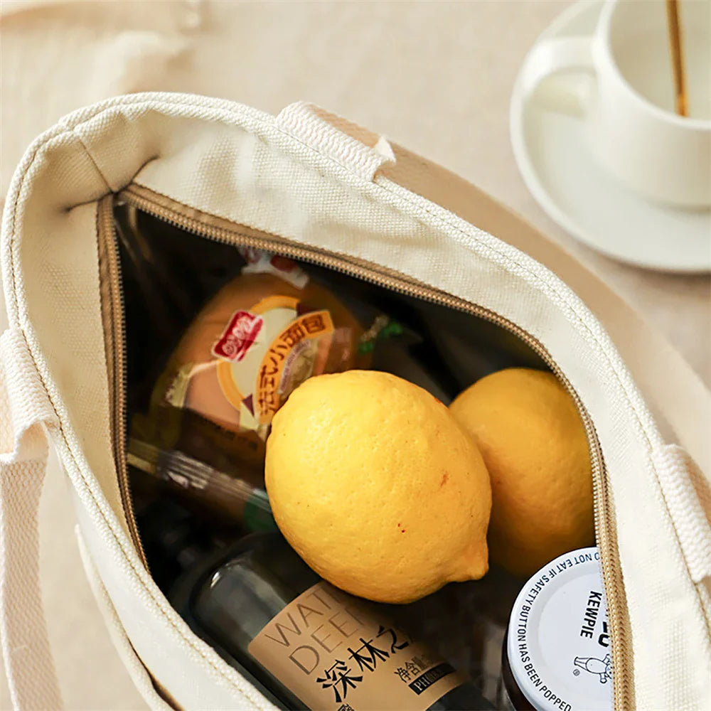 Insulated Canvas Lunch Bag – Large Capacity Reusable Tote with Zipper, Portable Storage Bag for School and Picnic