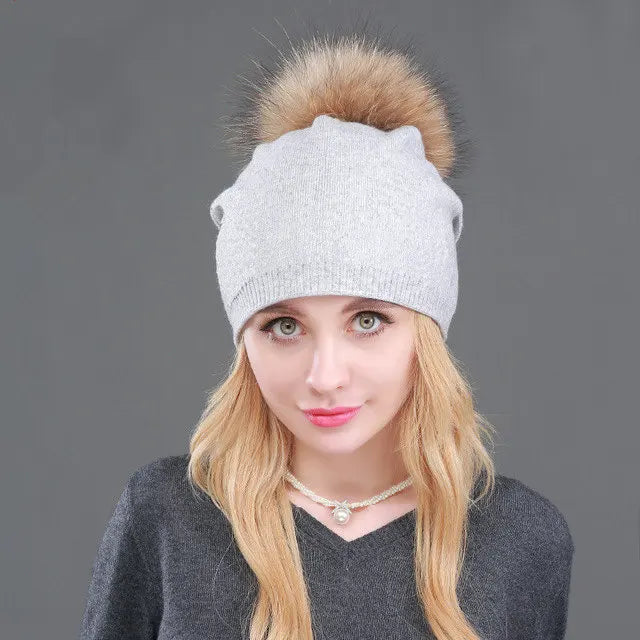 Autumn Winter Knitted Wool Hat for Women – Fashion Pompon Beanie with Genuine Raccoon Fur, Warm and Stylish Cap