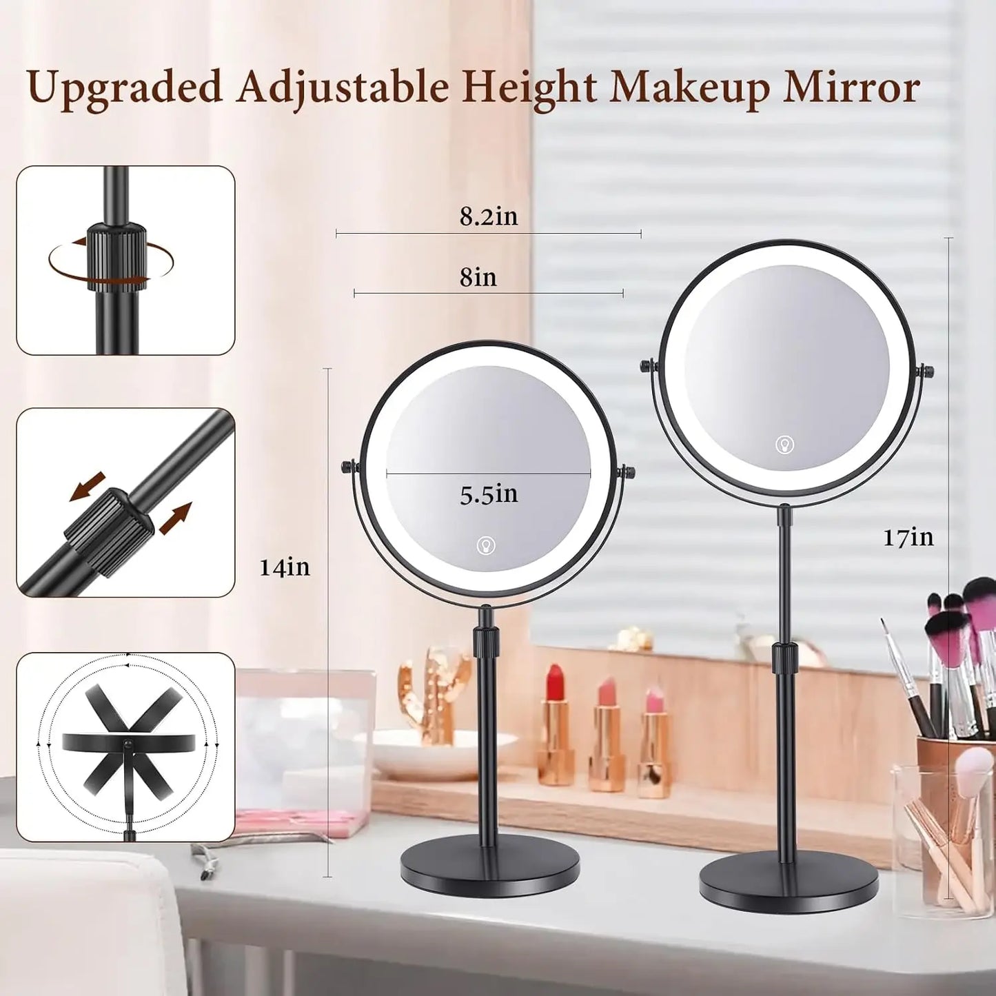 8-Inch Makeup Mirror with Light – 10X Magnification, 3 Color LED, Adjustable Brightness & Height Standing Cosmetic Mirror