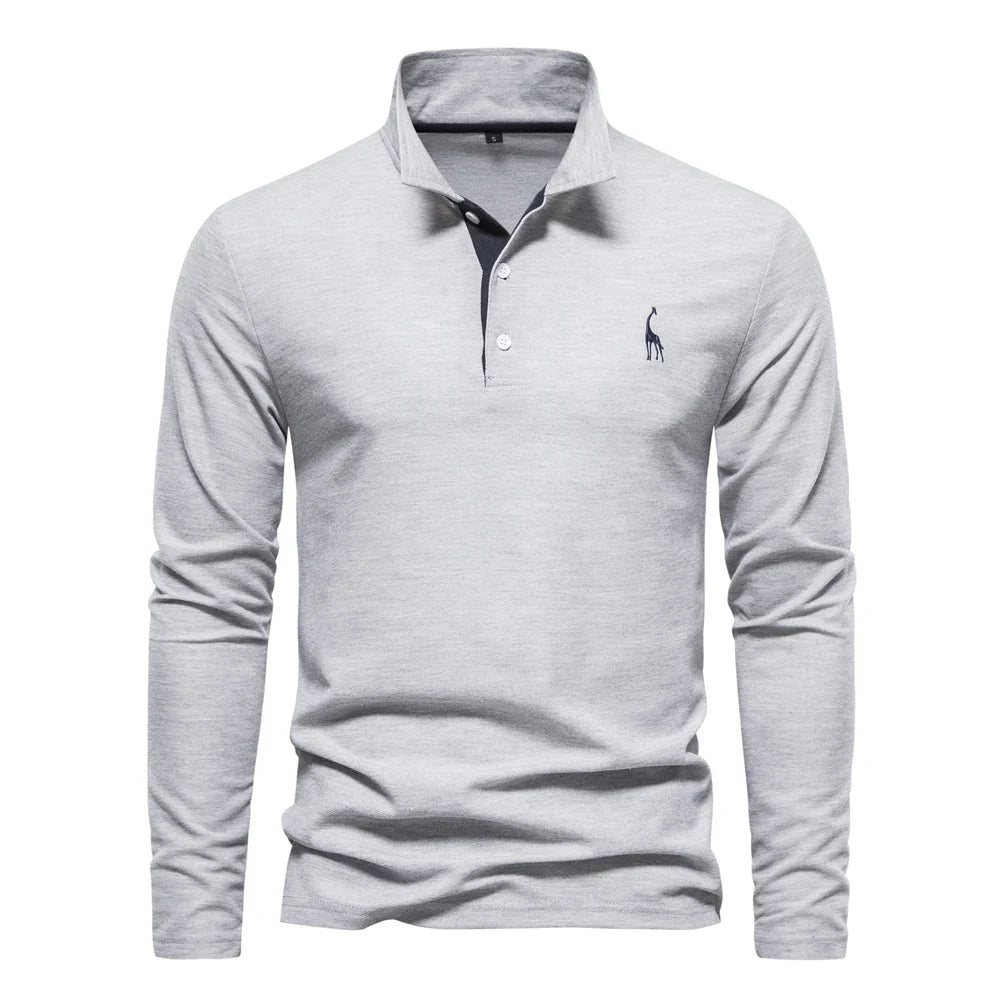 Men's Long Sleeve Embroidered Polo Shirt - Business Casual Solid Color Deer Design