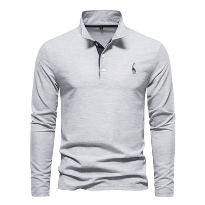 Men's Long Sleeve Embroidered Polo Shirt - Business Casual Solid Color Deer Design
