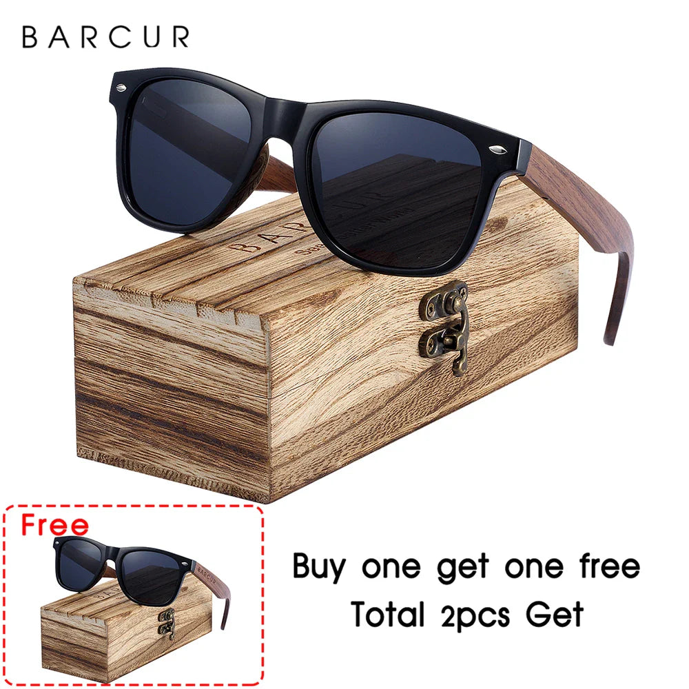 BARCUR Black Walnut Wood Polarized Sunglasses for Men – High-Quality Square UV400 Eyewear with Original Box