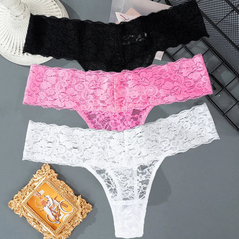 3PCS Lace Floral Women’s Panties - Low Waist Breathable Briefs & Thong, Sexy G-String Transparent Underwear (M-2XL)
