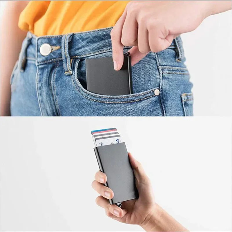 RFID Credit Card Holder Metal Slim Wallet for Men & Women, Pop-Up Minimalist Small Black Purse, Mini Wallet