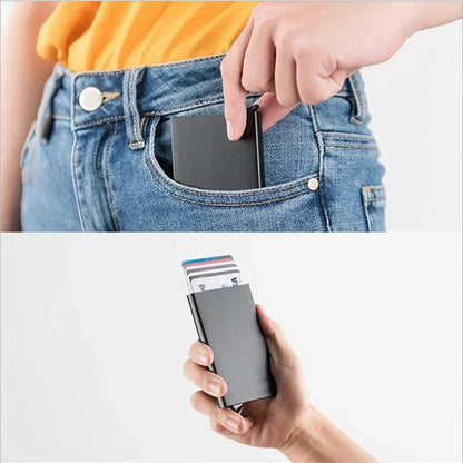 RFID Credit Card Holder Metal Slim Wallet for Men & Women, Pop-Up Minimalist Small Black Purse, Mini Wallet