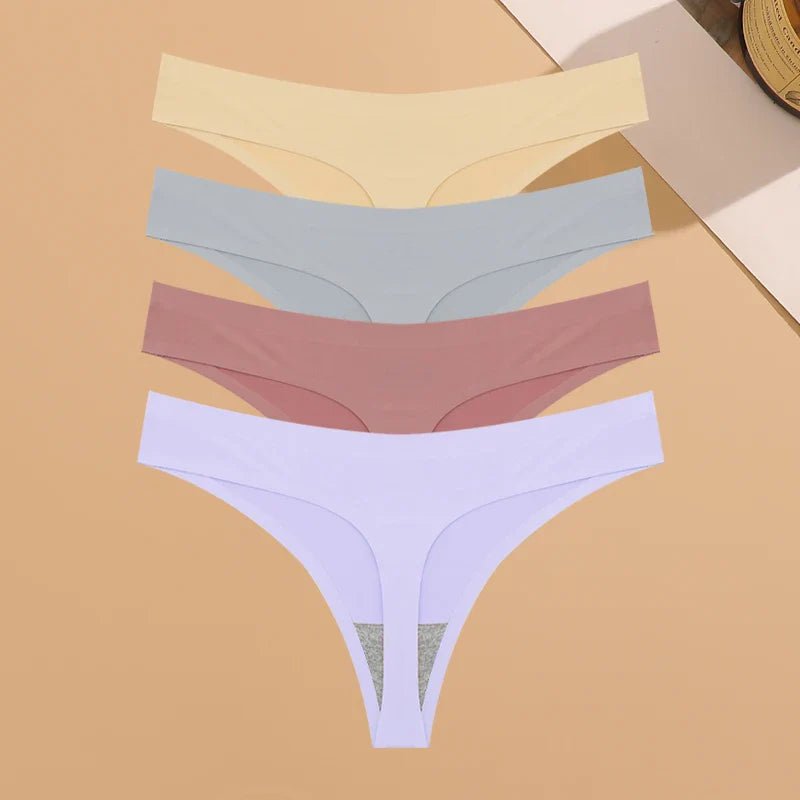 4PCS Women’s Ultra-Thin Seamless Underwear — Invisible Ice Silk Thongs, Low Waist Breathable Bikini Lingerie
