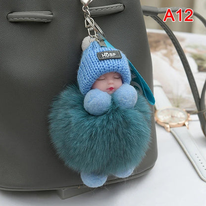 Pompom Sleeping Baby Keychain - Fluffy Plush Doll Keyring for Bags, Cars & Gift Decoration
