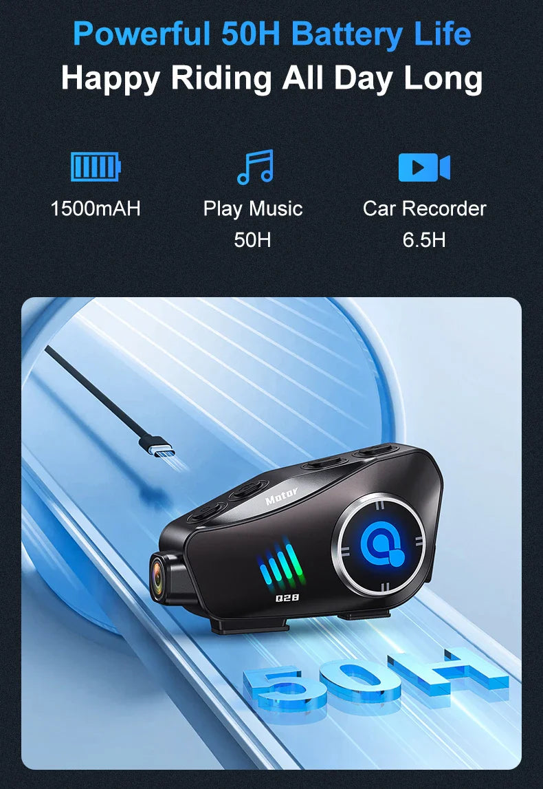 Q28 Motorcycle Helmet Bluetooth Headset — 1080P HD Wireless Camera with Super Wide-Angle Lens, WiFi, IP66 Waterproof Video Recorder