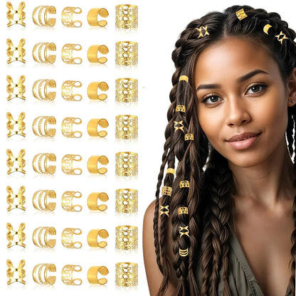 40PCS Gold Plated Hollow Hair Rings — Dreadlock & Braiding Hair Accessories, DIY Hair Jewelry Kit