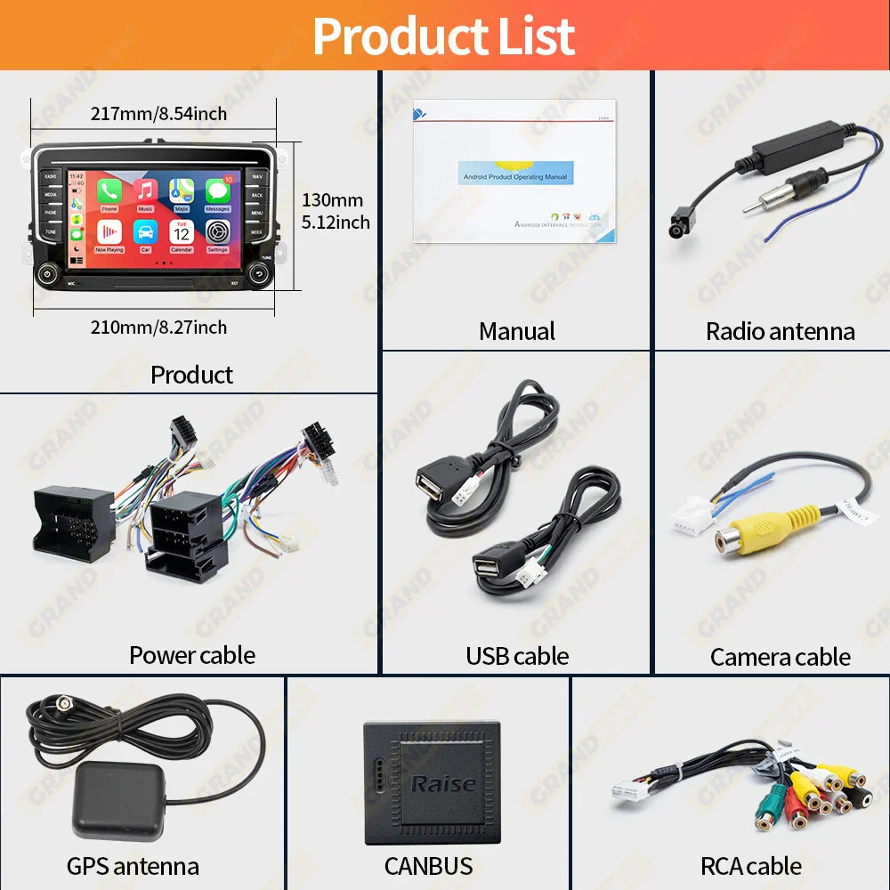 GRANDnavi Android 13 Car Radio GPS - 2Din Multimedia Player for VW, Skoda Octavia, Golf 5/6, Passat B6, Polo, Jetta